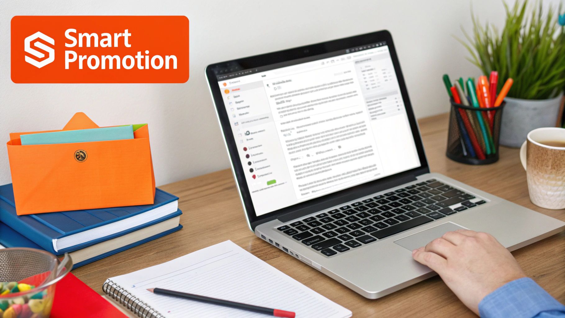 A person on a laptop, surrounded by icons representing different promotional channels like email, social media, and ads, indicating a multi-channel promotion strategy.