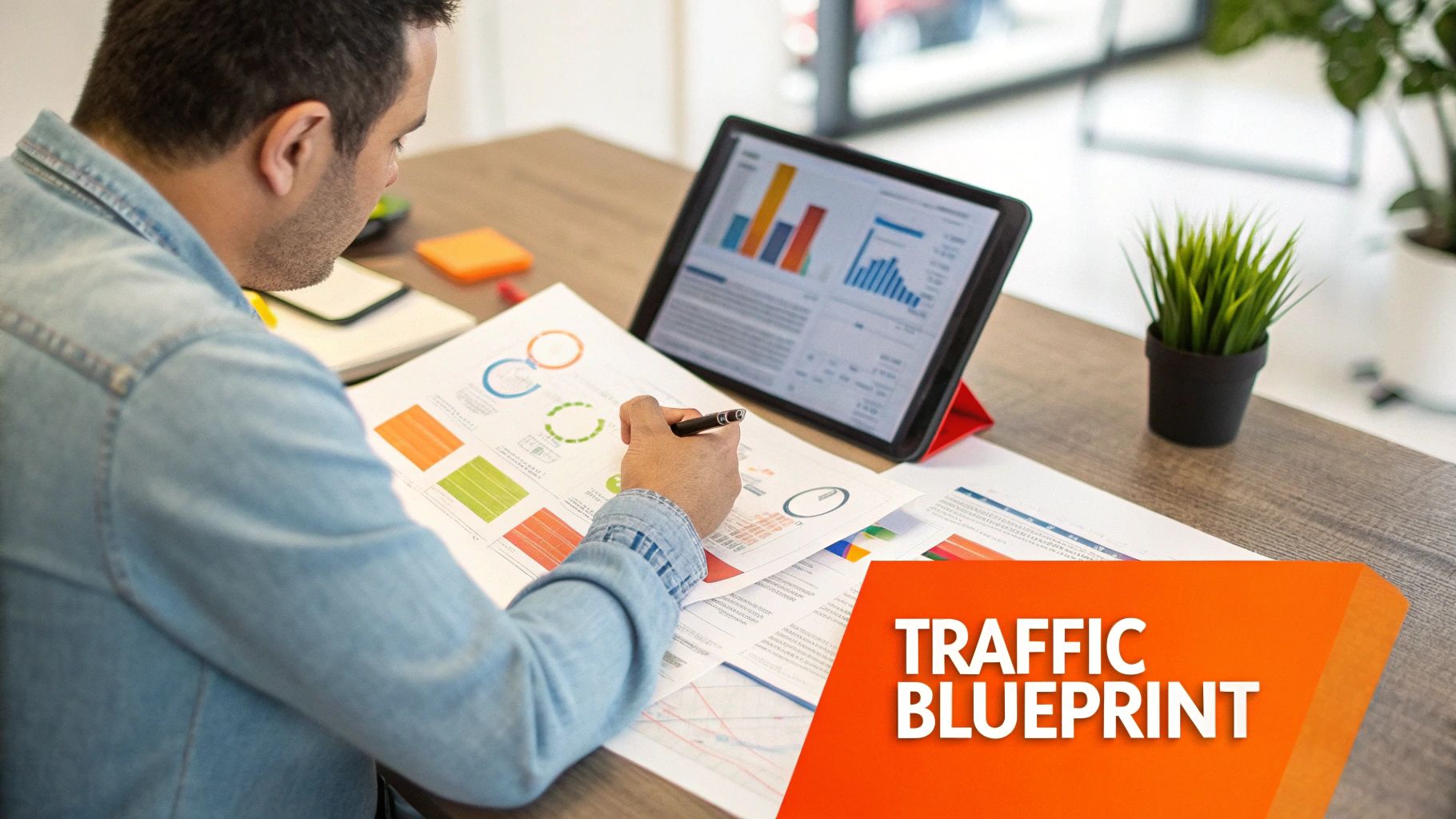 A man in a denim shirt analyzes data on papers and a tablet, with charts and graphs.