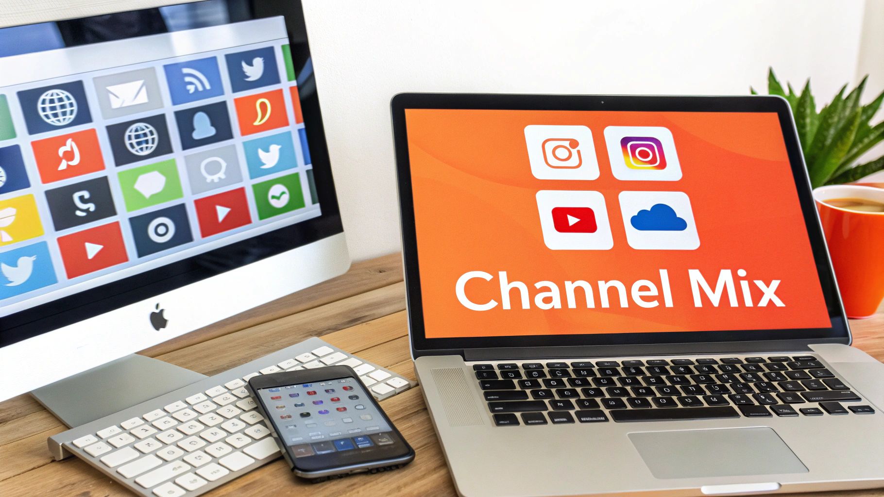 A person's hands using a laptop and phone, with icons of various marketing channels floating around them.