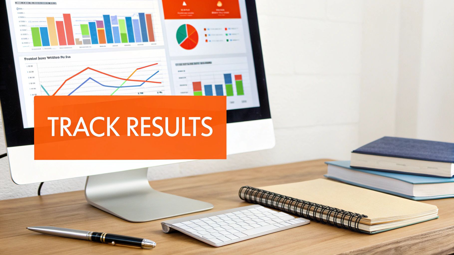Desk with a computer displaying data charts and 'TRACK RESULTS' text for business performance tracking.