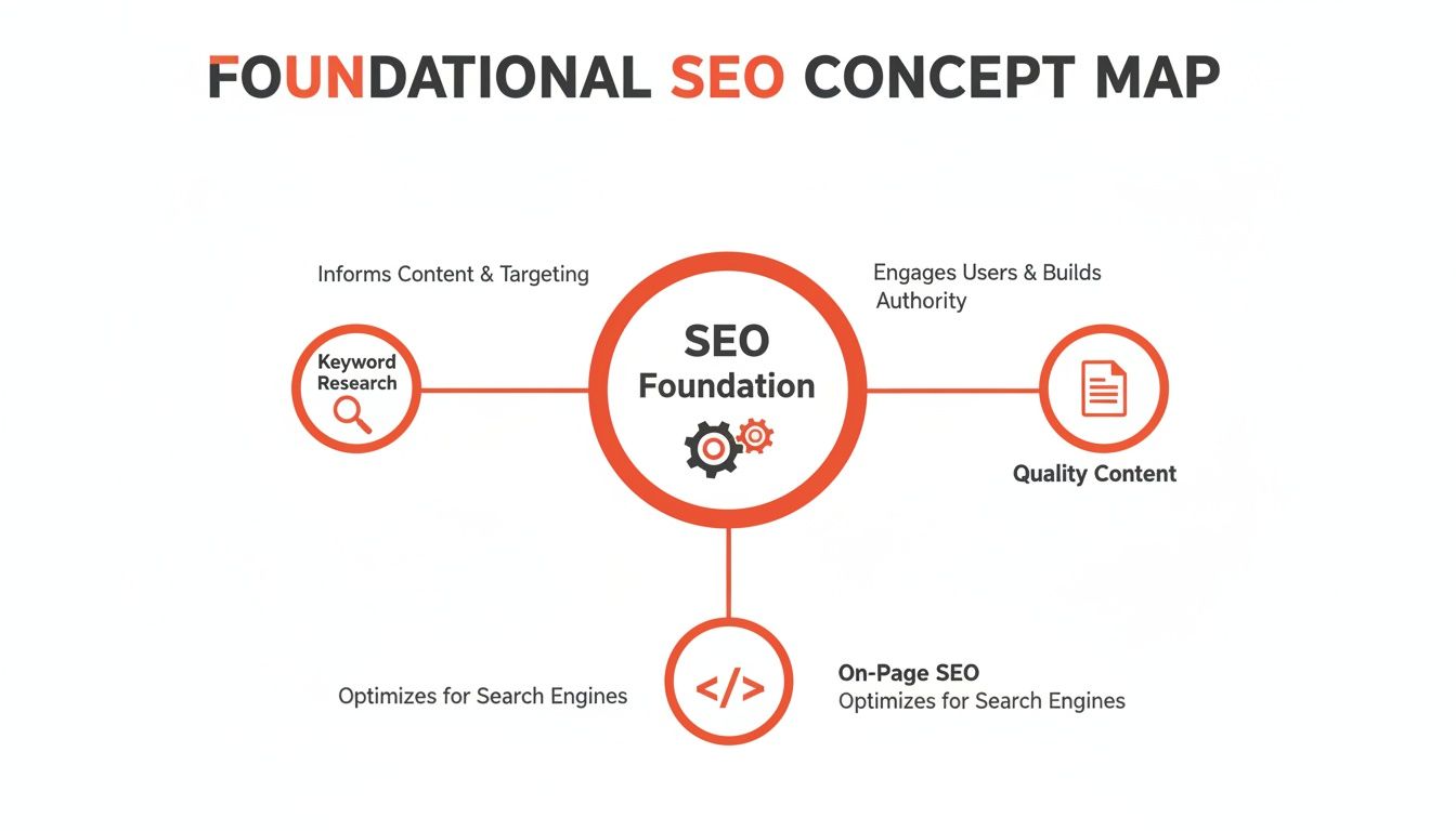 A concept map illustrating the foundational elements of SEO: keyword research, quality content, and on-page SEO.
