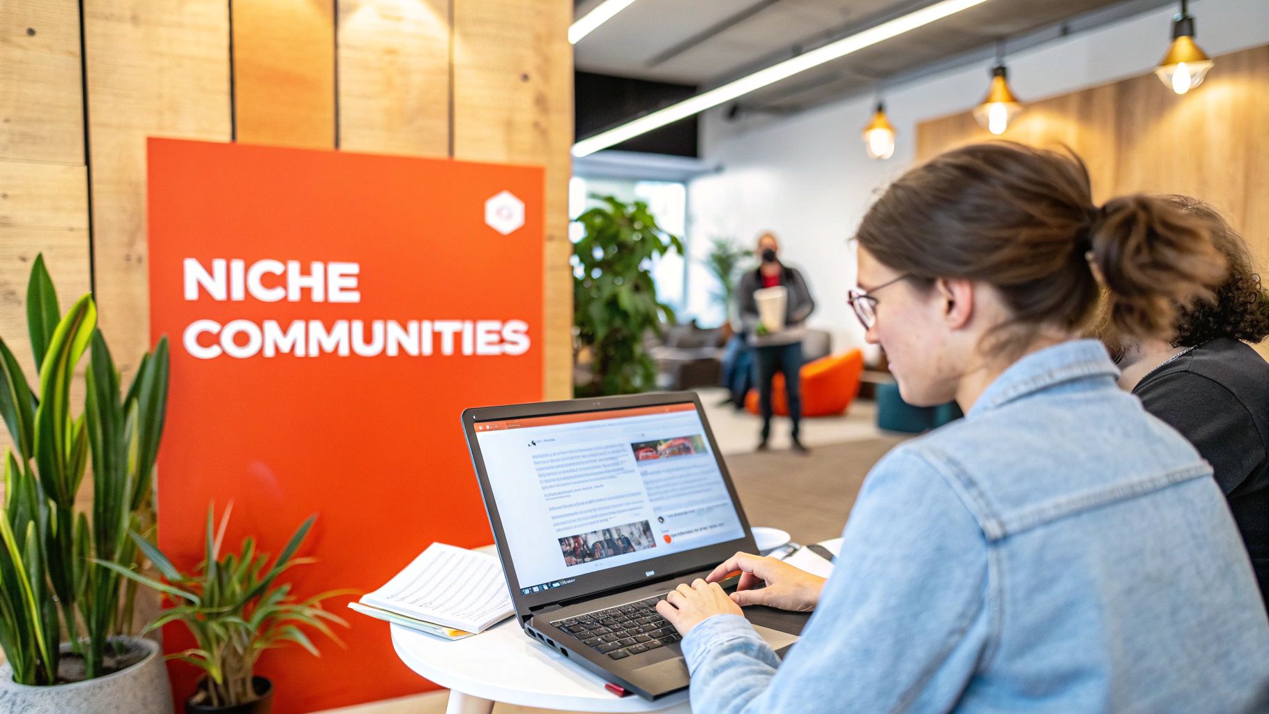 A person wearing glasses and a denim jacket is typing on a laptop in an office with a "Niche Communities" sign.