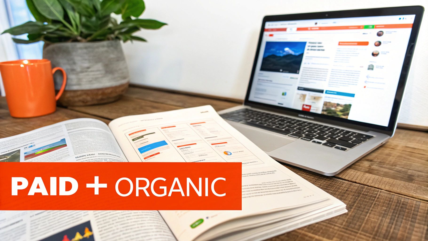 A workspace with a laptop, an open magazine, a plant, and an orange mug, with 'PAID + ORGANIC' text.