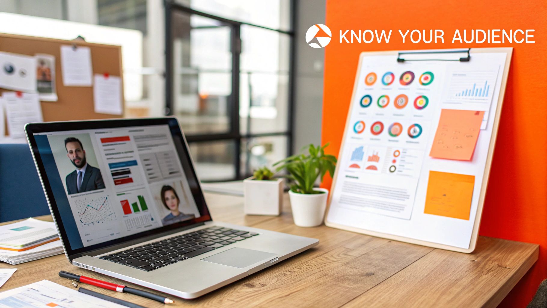 An agency team collaborating around a table with laptops and charts, indicating a data-driven approach to strategy.