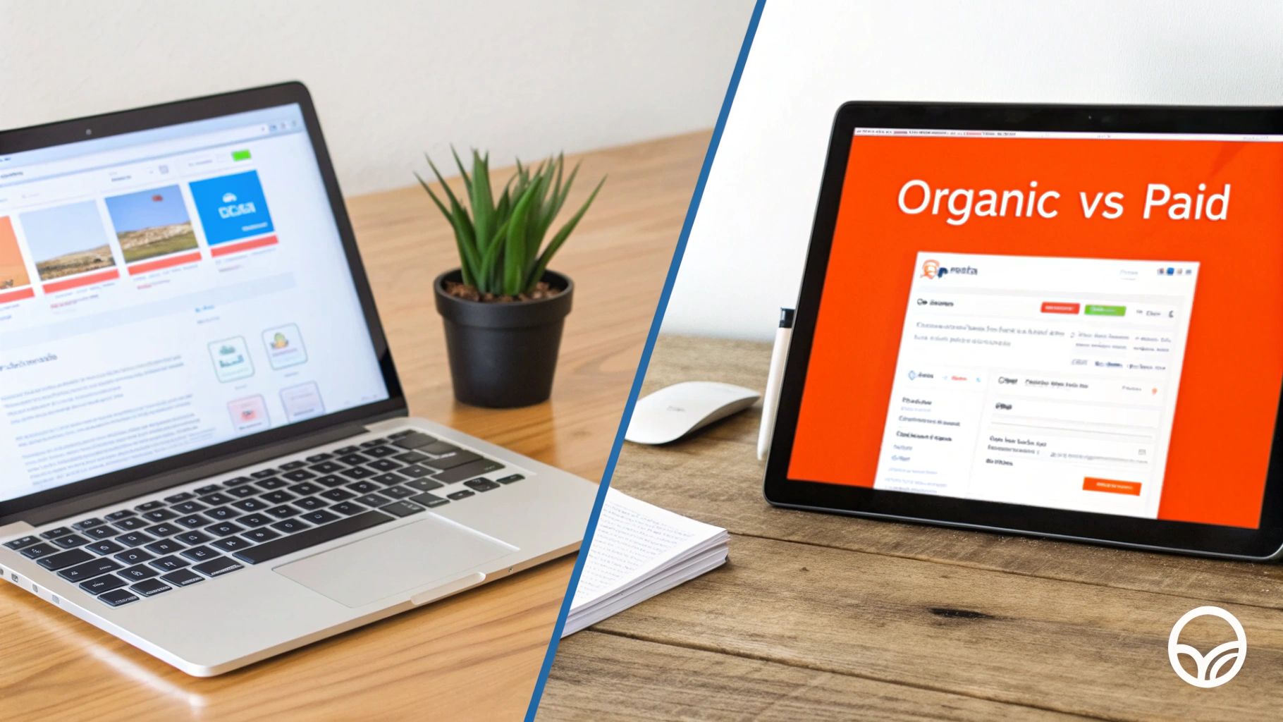 Laptop and tablet on a wooden desk. The tablet screen displays 'Organic vs Paid' text.