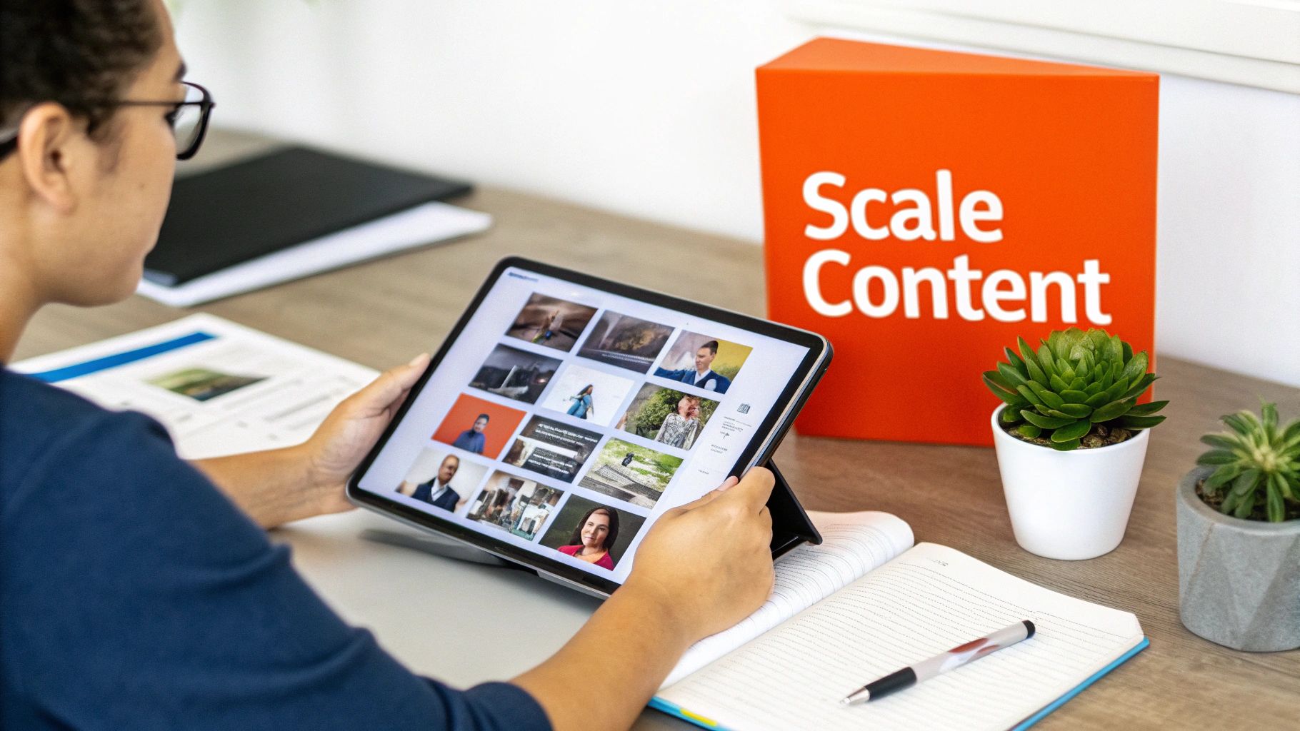 A person views a grid of images on a tablet, with a "Scale Content" box and plants on the desk.