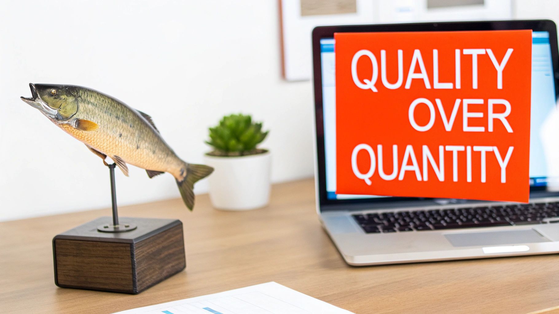A detailed fish model stands on a wooden base next to a laptop displaying 'QUALITY OVER QUANTITY' on its screen.