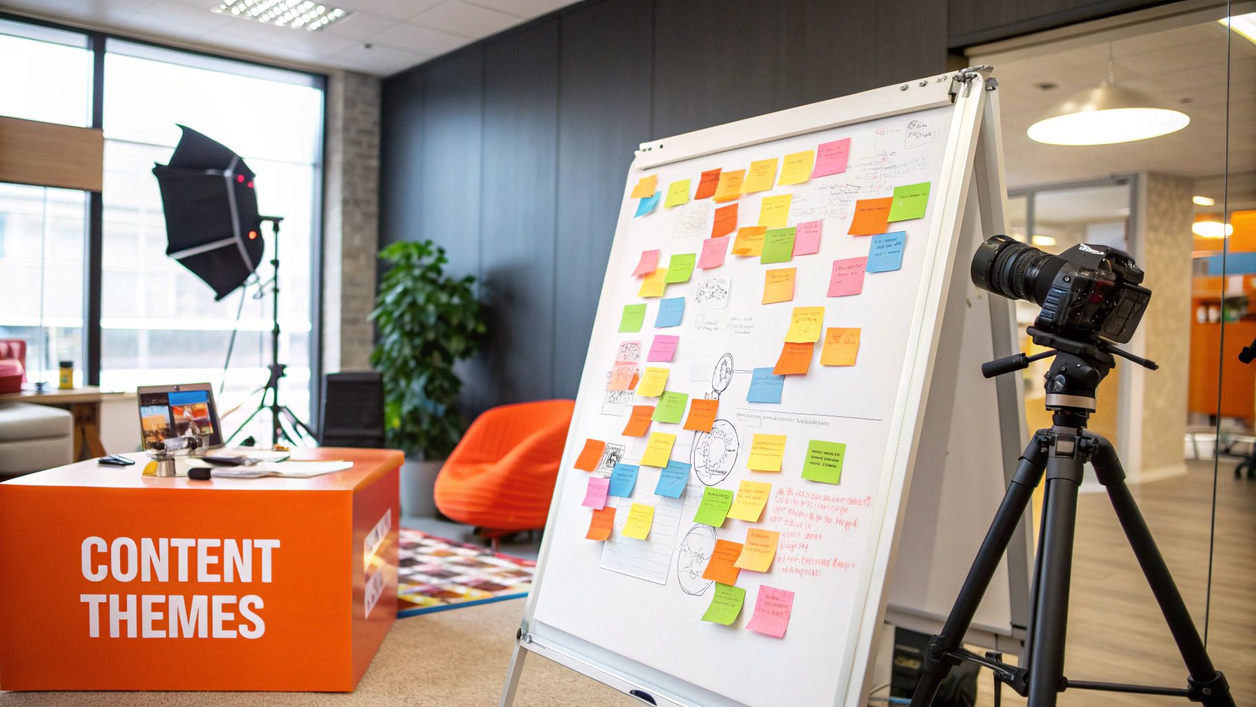 A designer and writer collaborating on a content brief at a modern desk, illustrating a streamlined production process.