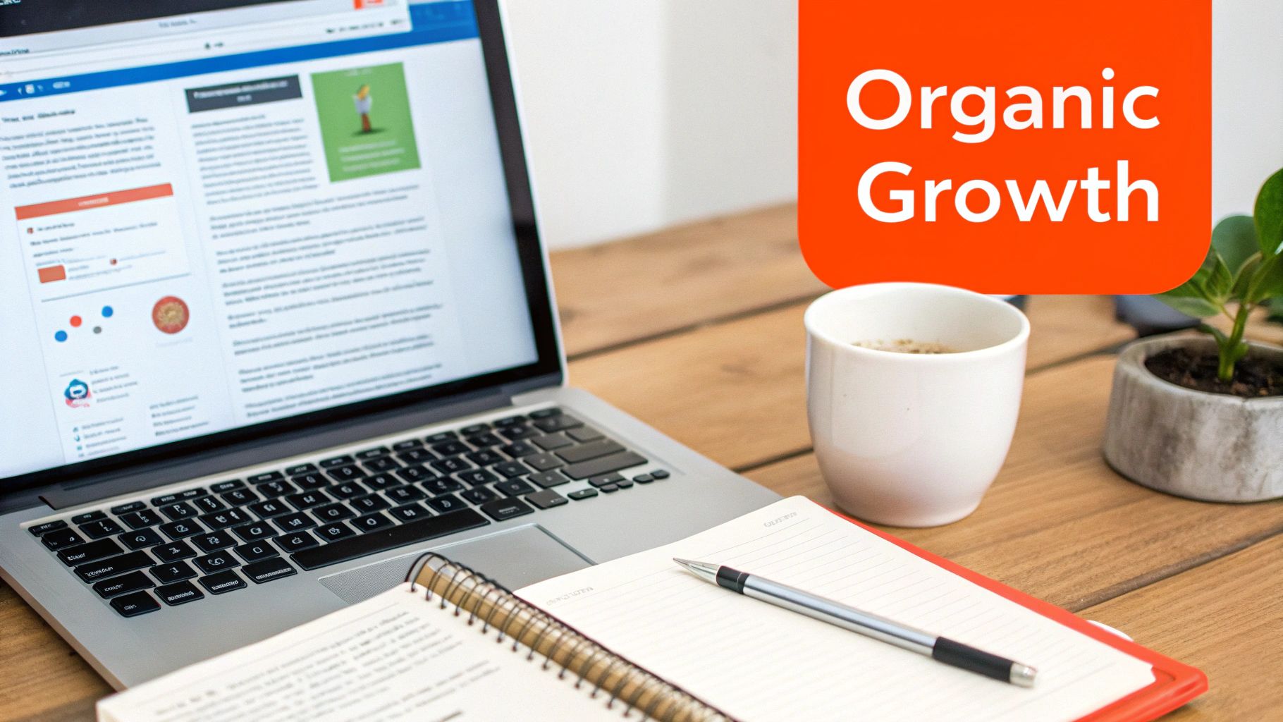 A laptop on a wooden desk showing a website, next to a notebook, coffee, and a plant, with 'Organic Growth' text overlay.