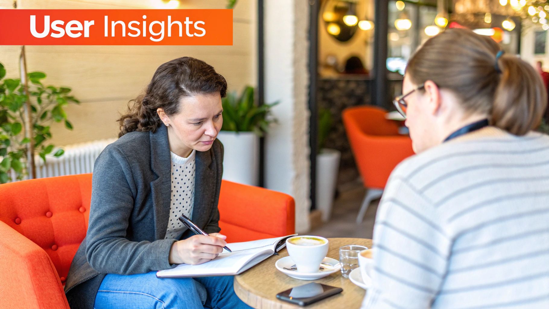 A person conducting a user interview in a casual setting, representing qualitative feedback collection.