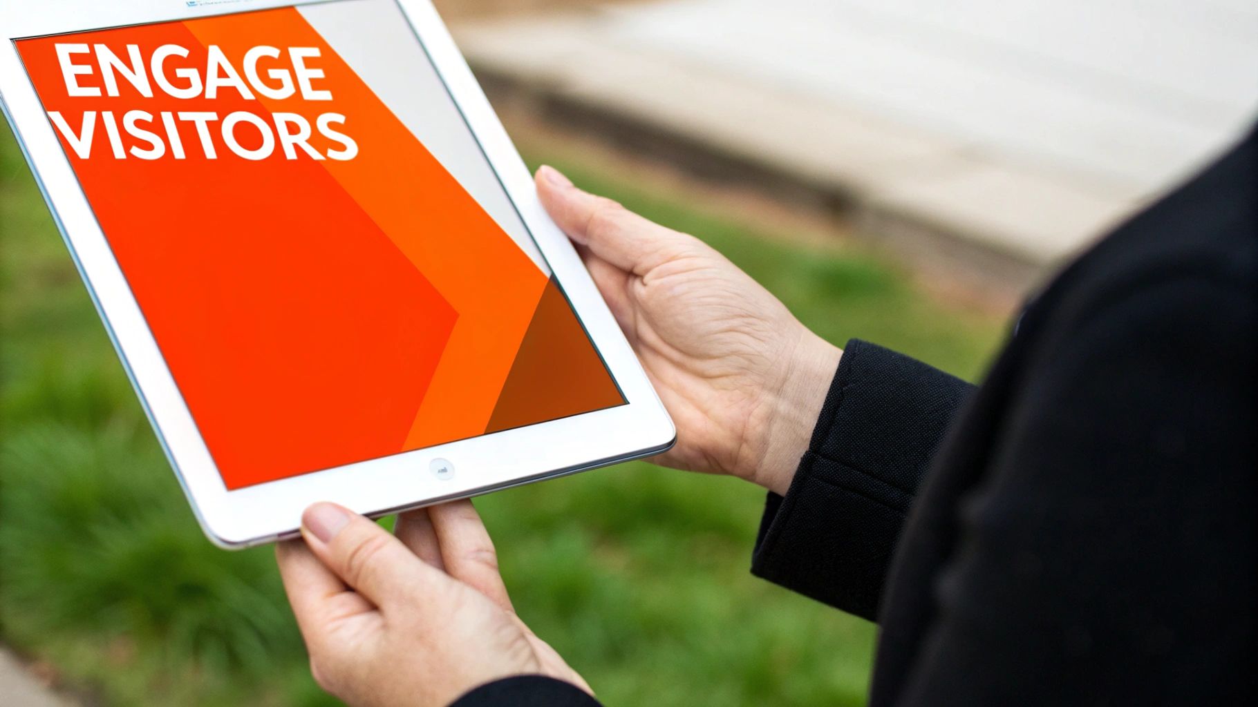 A person holds a white tablet displaying 'ENGAGE VISITORS' on a vibrant orange screen outdoors.