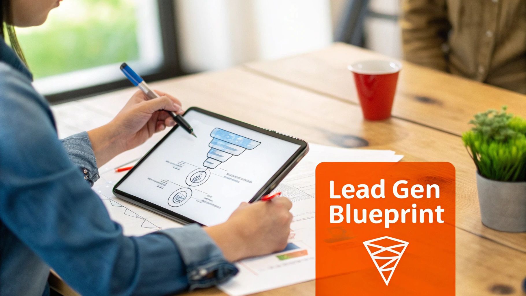 Person working on a tablet displaying a lead generation funnel diagram, with 'Lead Gen Blueprint' overlay.