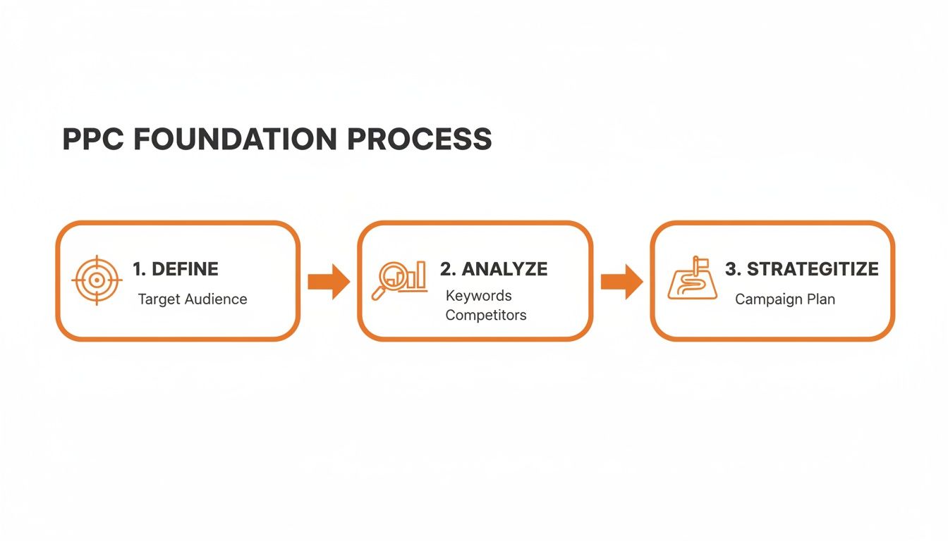 PPC foundation process diagram showing three steps: define target audience, analyze keywords, strategize campaign plan.