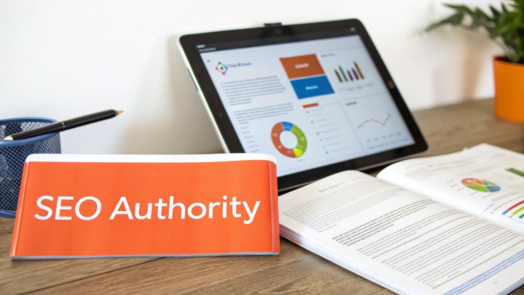 A professional desk setup with a tablet displaying marketing data, an SEO authority sign, and an open book.
