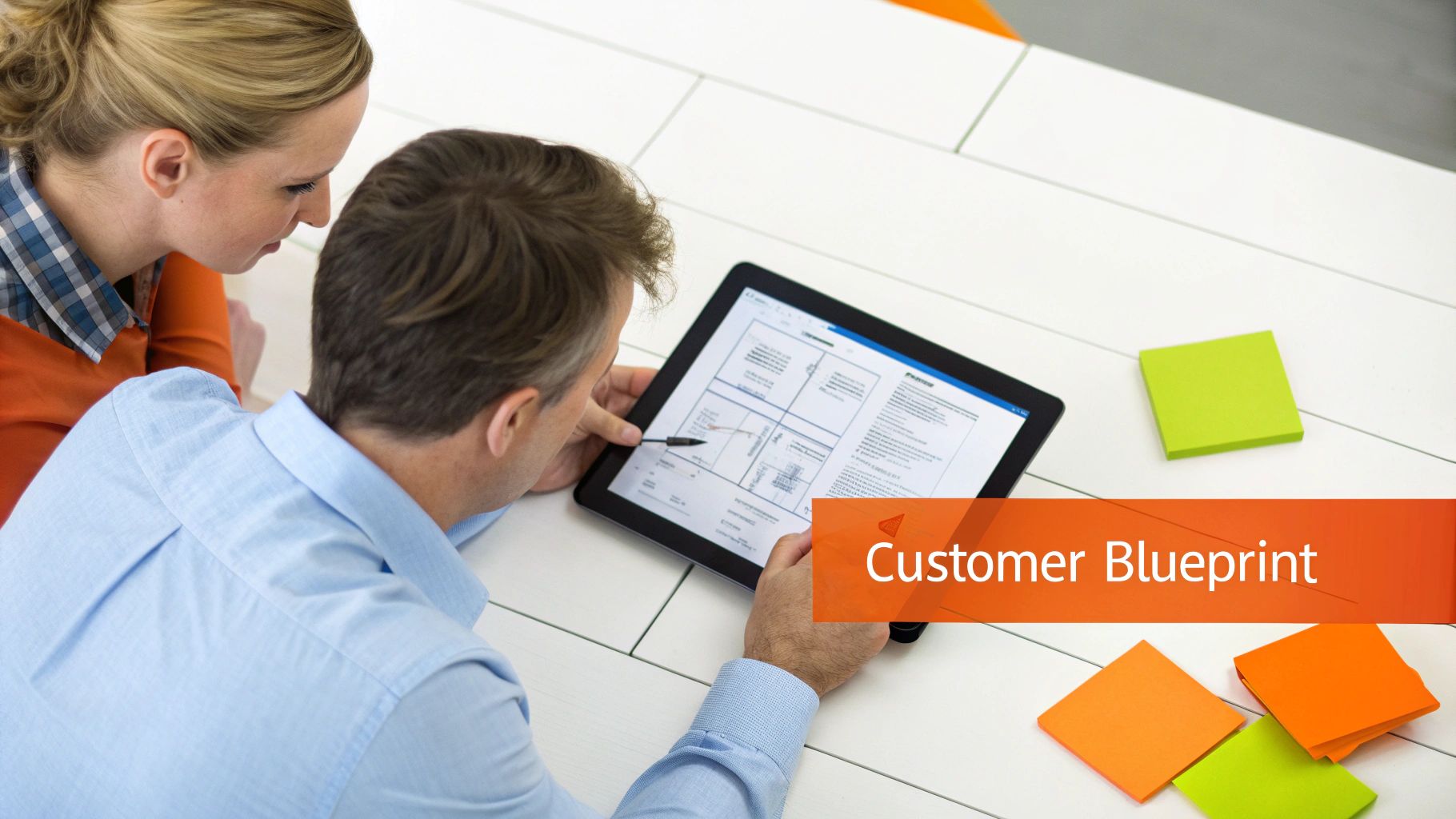 Two colleagues review a customer blueprint on a tablet with colorful sticky notes on a table.