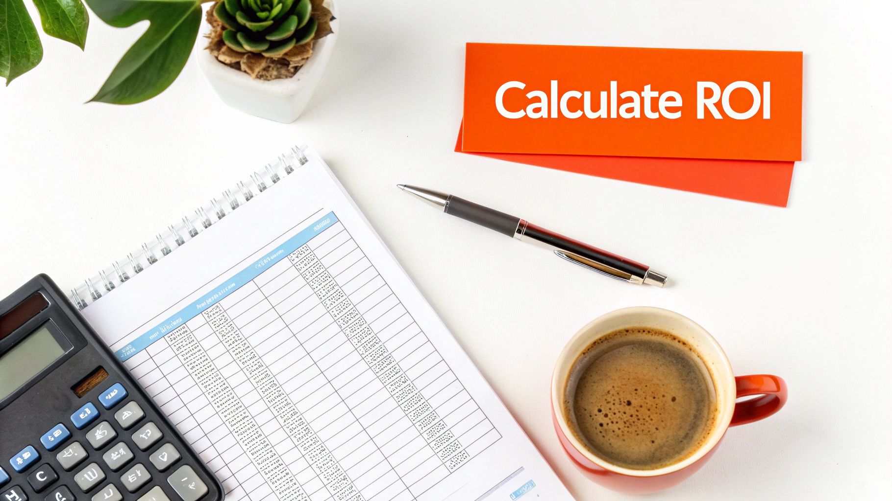 A desk with a calculator, notebook, pen, coffee, and a card saying 'Calculate ROI'.