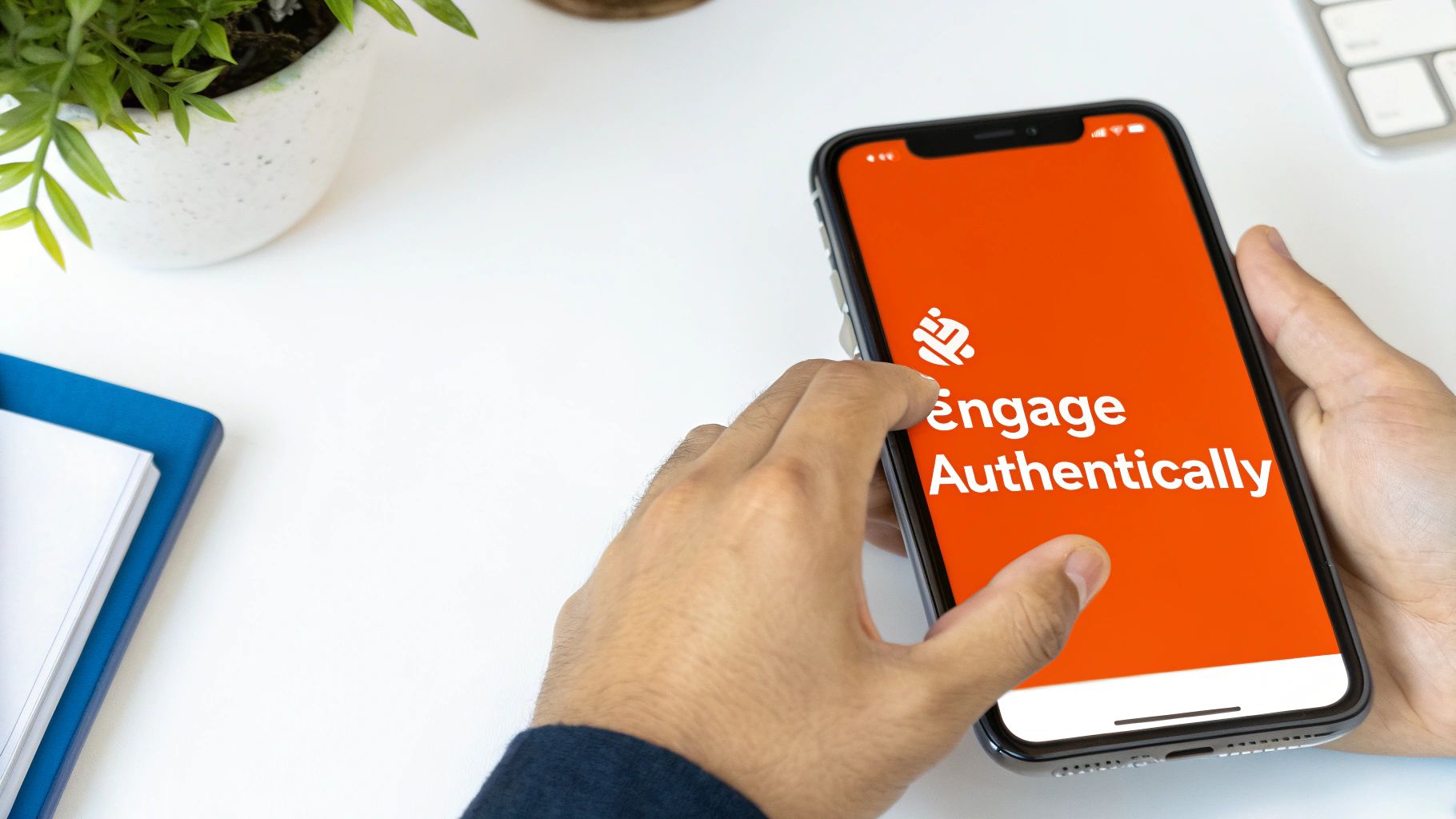 Hand holding a smartphone displaying an orange screen with 'Engage Authentically' text and a logo.