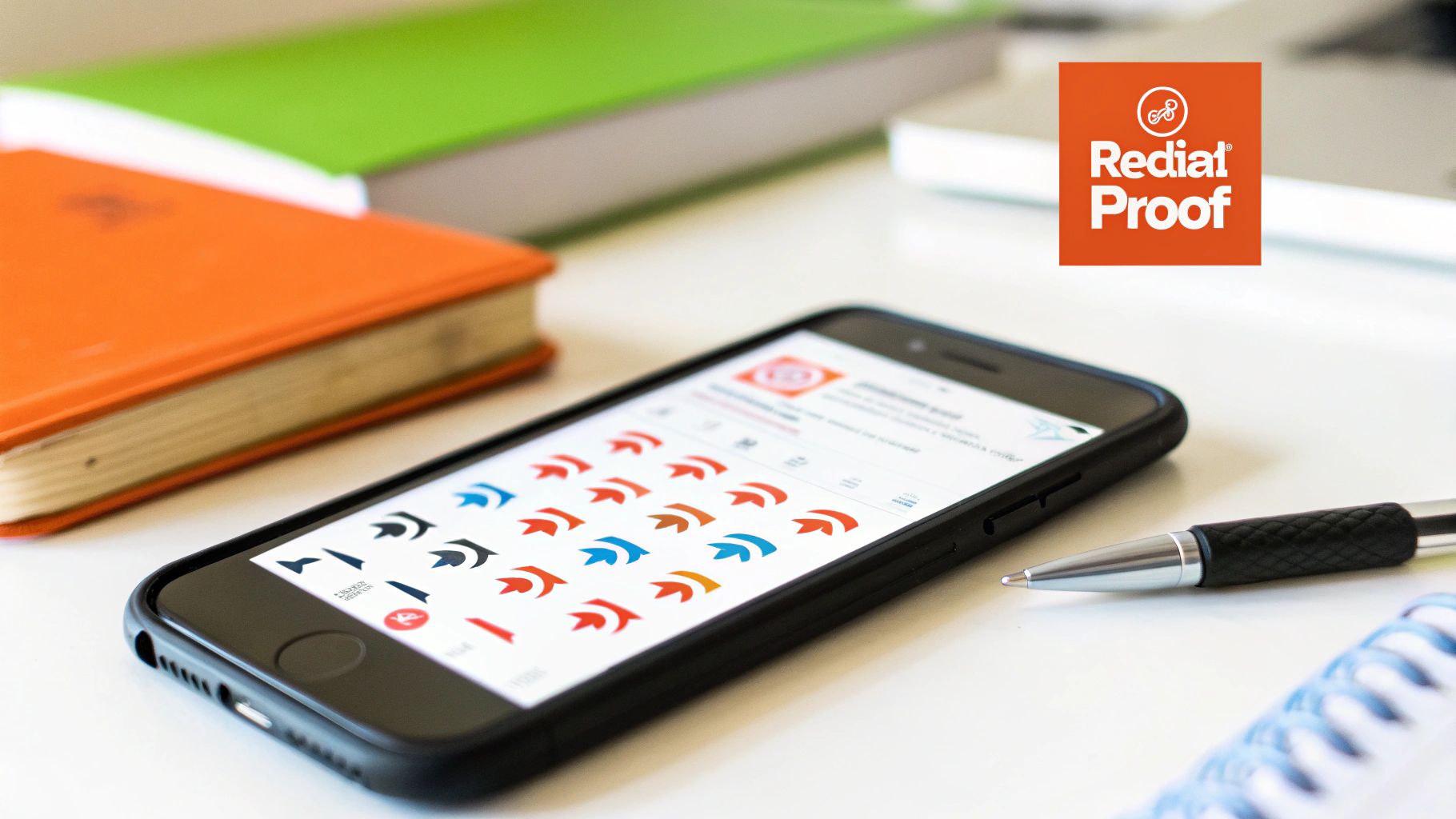 Smartphone displaying colorful arrow icons and Redial Proof logo on a modern white desk with books.
