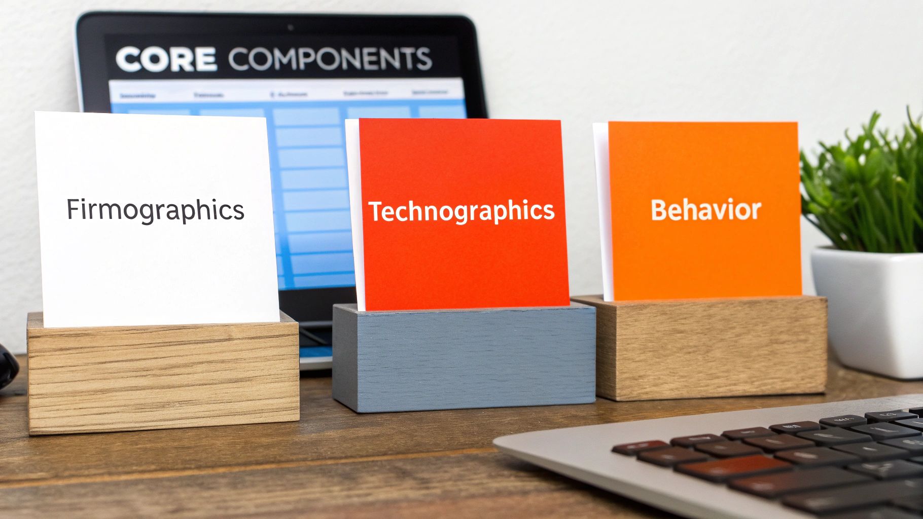 Three cards labeled 'Firmographics', 'Technographics', and 'Behavior' on a desk, with a laptop showing 'CORE COMPONENTS'.