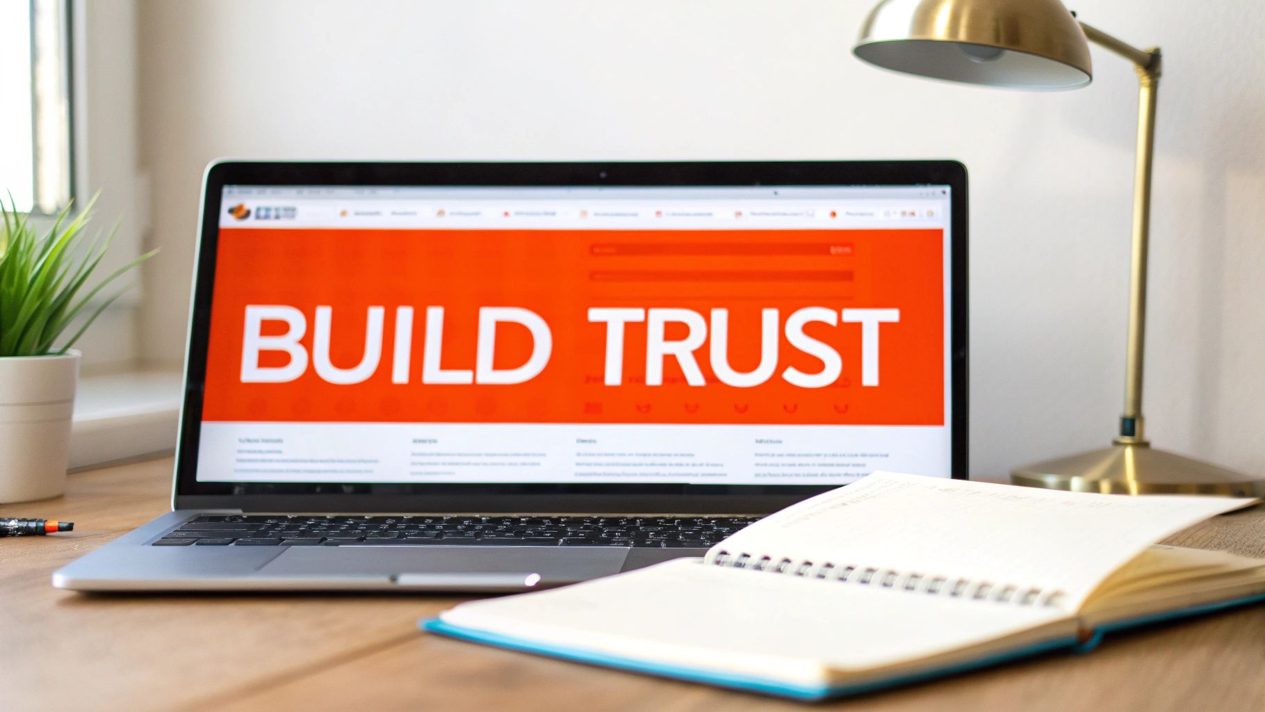 A laptop displaying 'BUILD TRUST' on its screen, with an open notebook, plant, and lamp on a wooden desk.