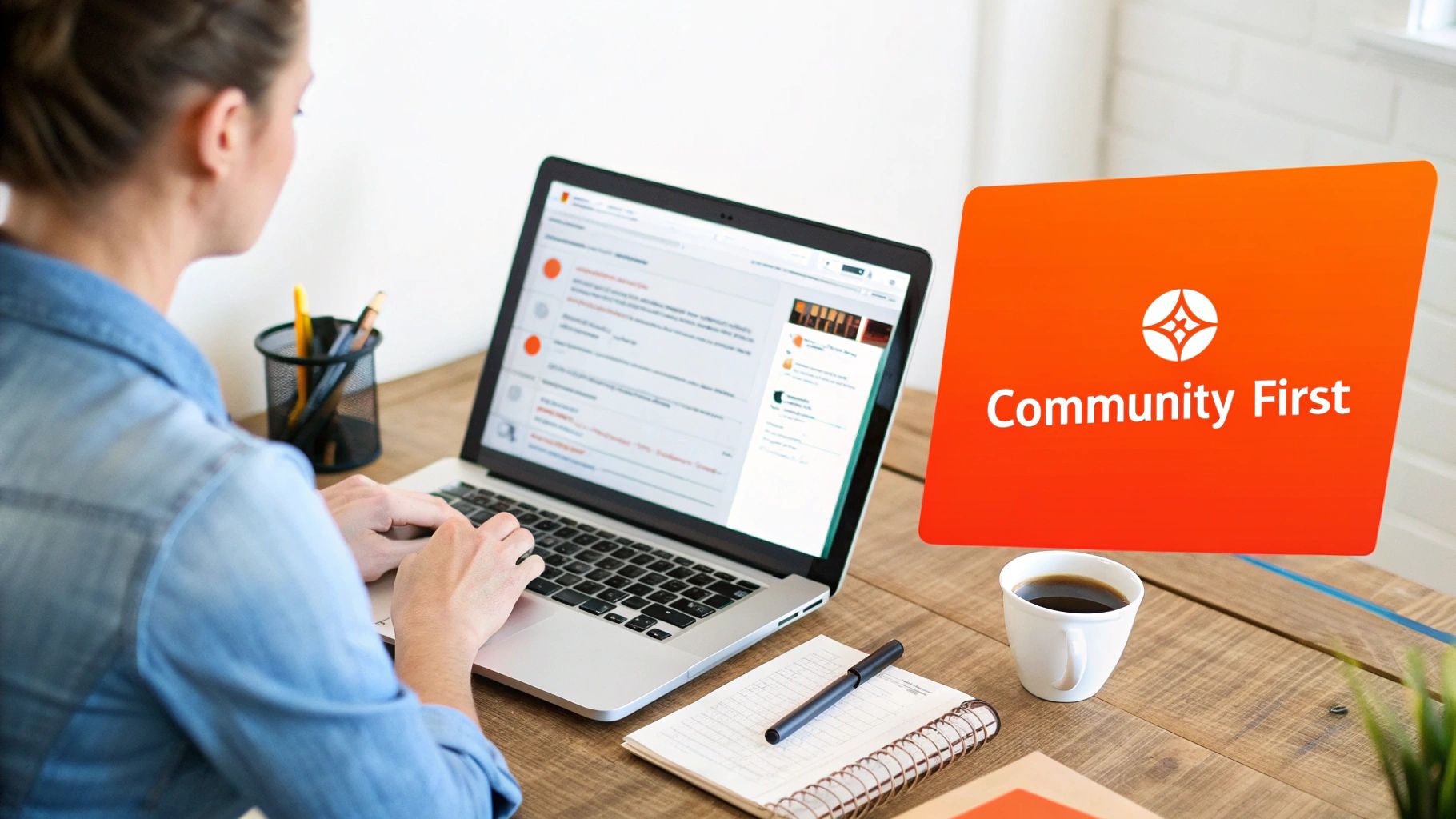 A person works on a laptop showing a community platform interface, with "Community First" branding nearby.