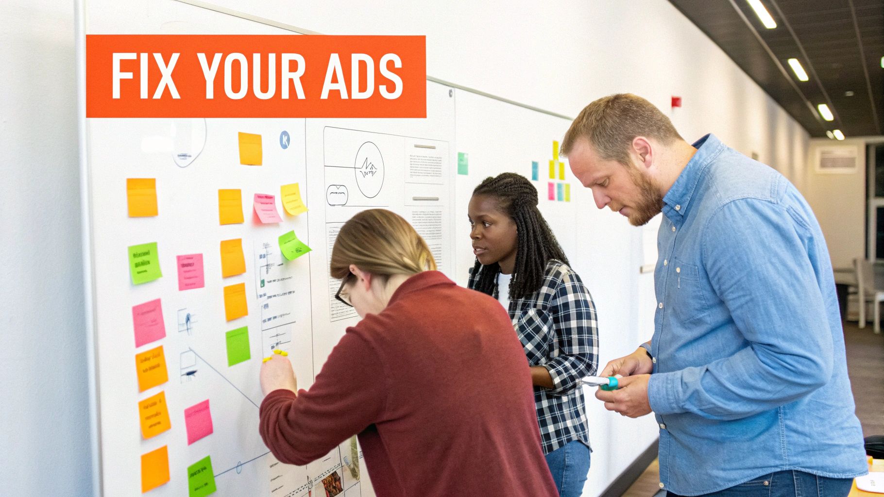 A flowchart on a whiteboard showing a process for improving ad campaign performance.