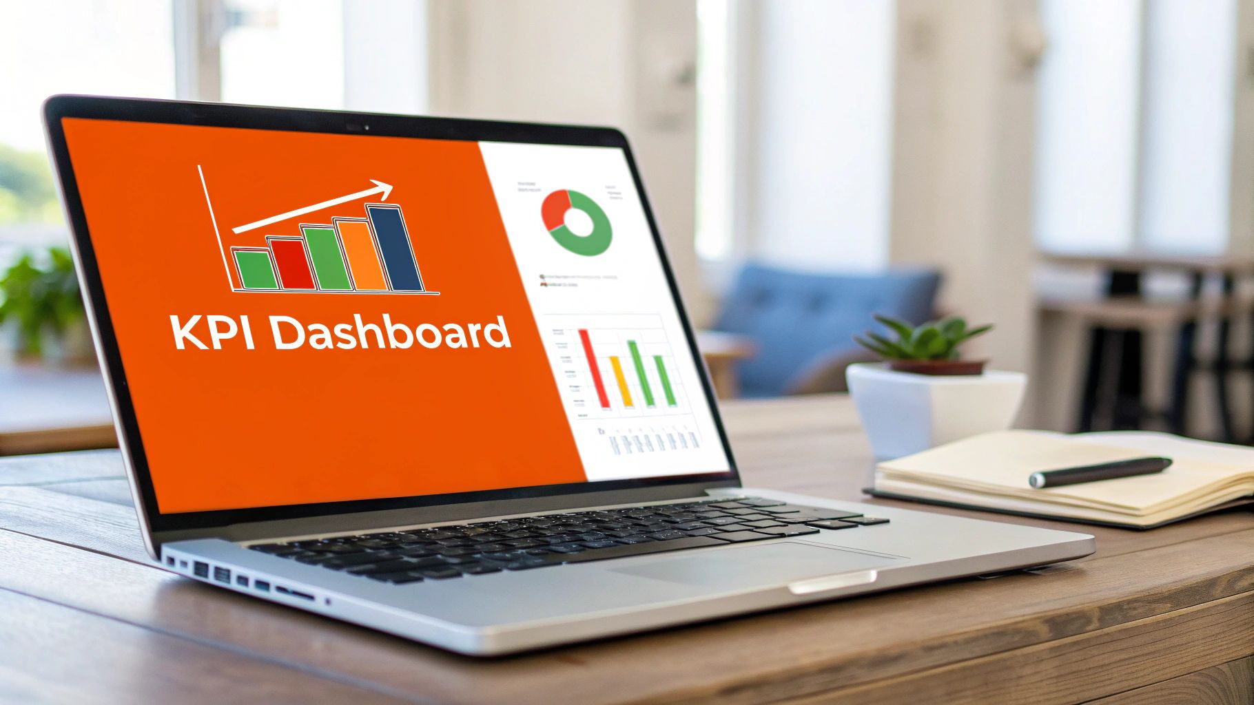 A laptop displaying a 'KPI Dashboard' with colorful charts, on a wooden desk with a plant.