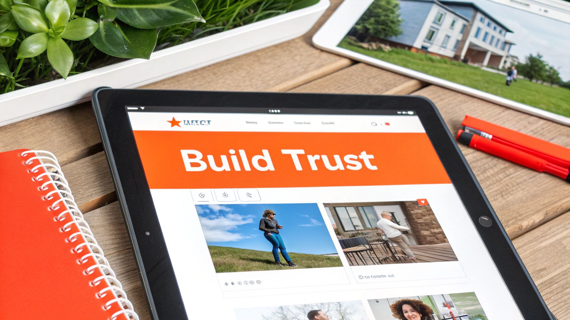 A tablet on a wooden desk displaying a website with 'Build Trust' text, next to a red notebook.