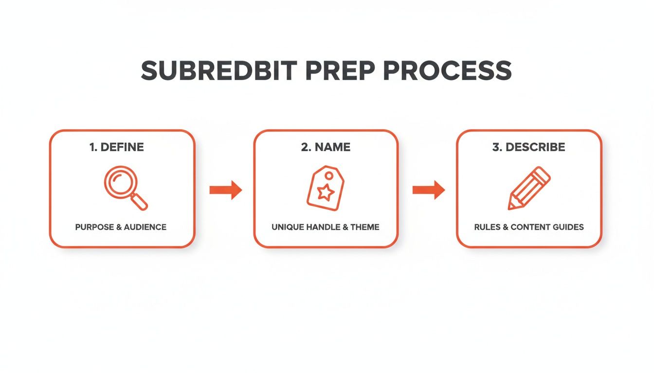 A three-step process for preparing a preparing a subreddit: Define purpose, Name unique handle, Describe rules.