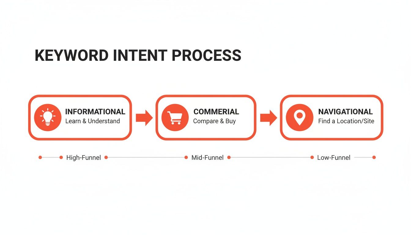 Infographic illustrating the keyword intent process: informational (high-funnel), commercial (mid-funnel), and navigational (low-funnel).