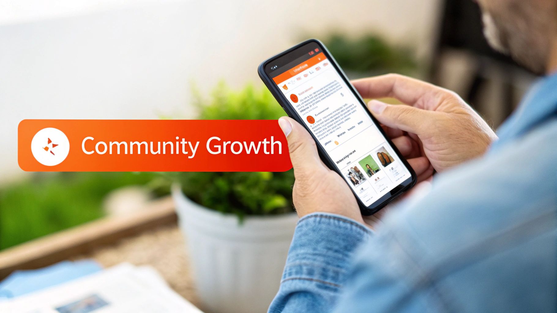 Person holding a smartphone displaying a social media app with a 'Community Growth' banner.