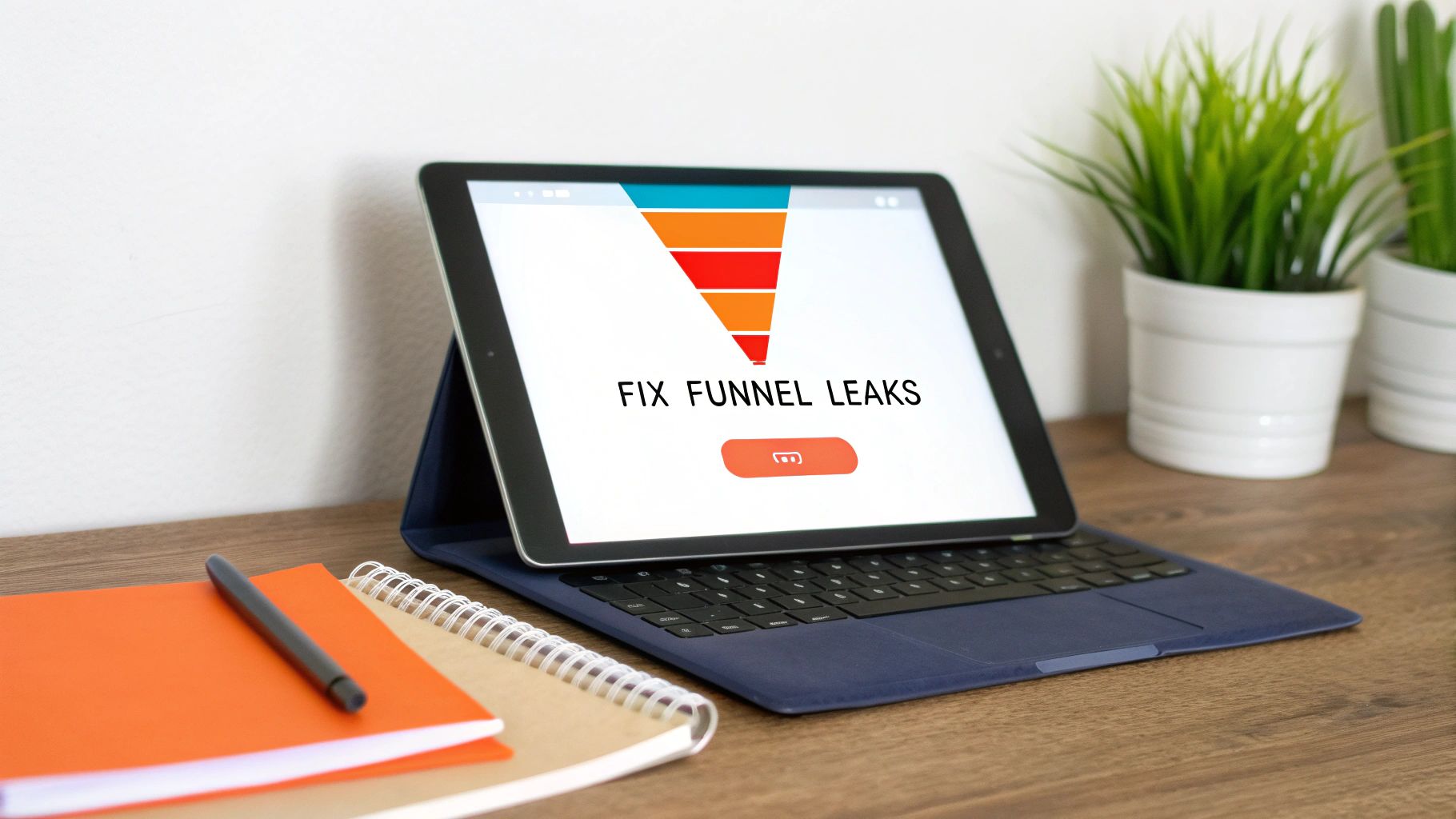 A tablet on a wooden desk displaying a colorful sales funnel graphic and text: FIX FUNNEL LEAKS.