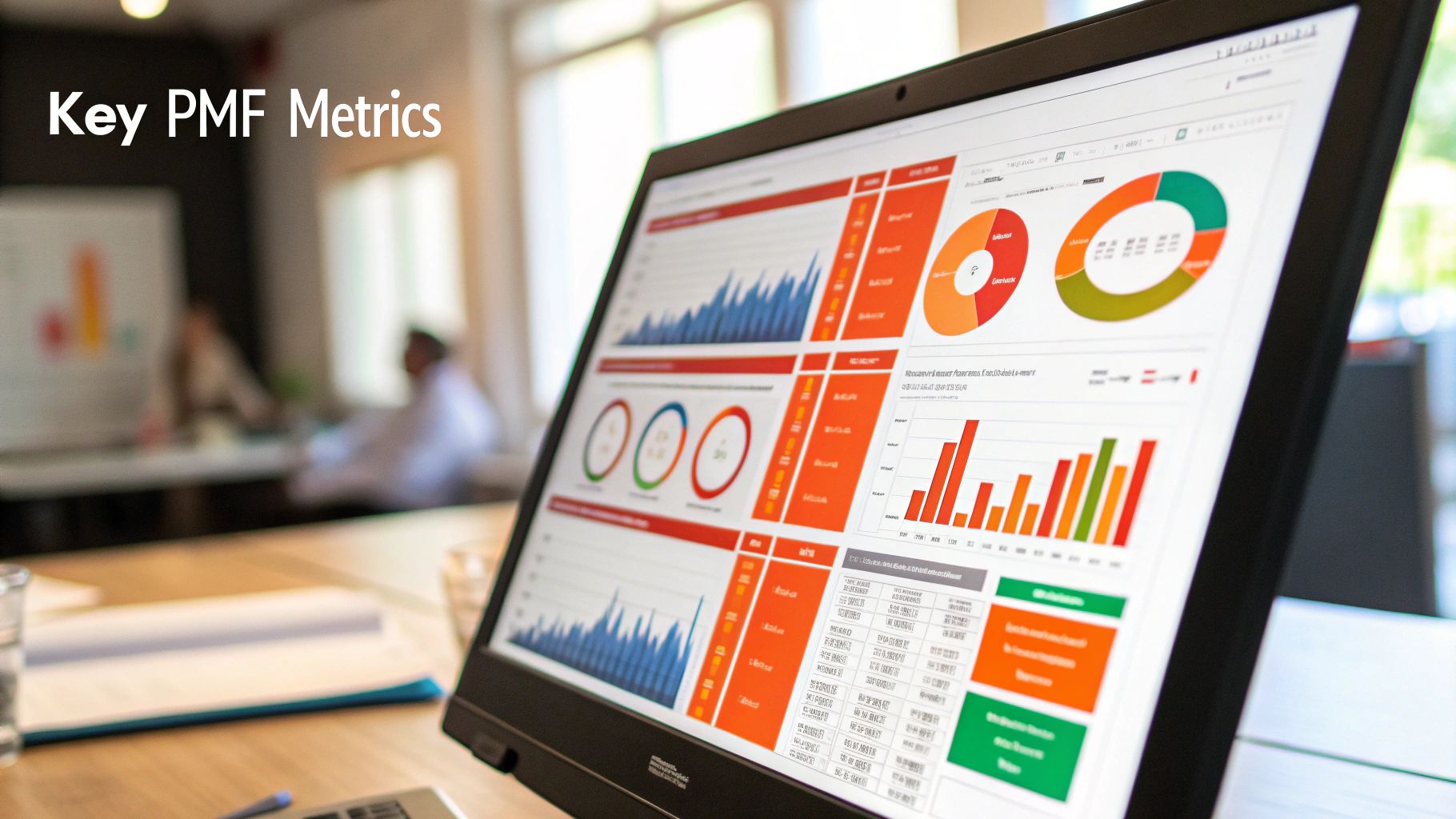 A dashboard showing various product metrics like NPS, churn rate, and LTV, symbolizing data-driven decision-making.