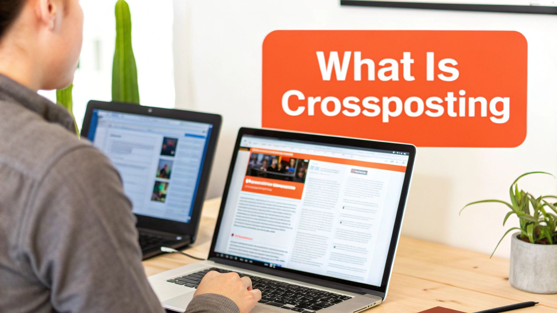 A graphic illustrating the concept of crossposting on Reddit, showing a post being shared from one community to another.