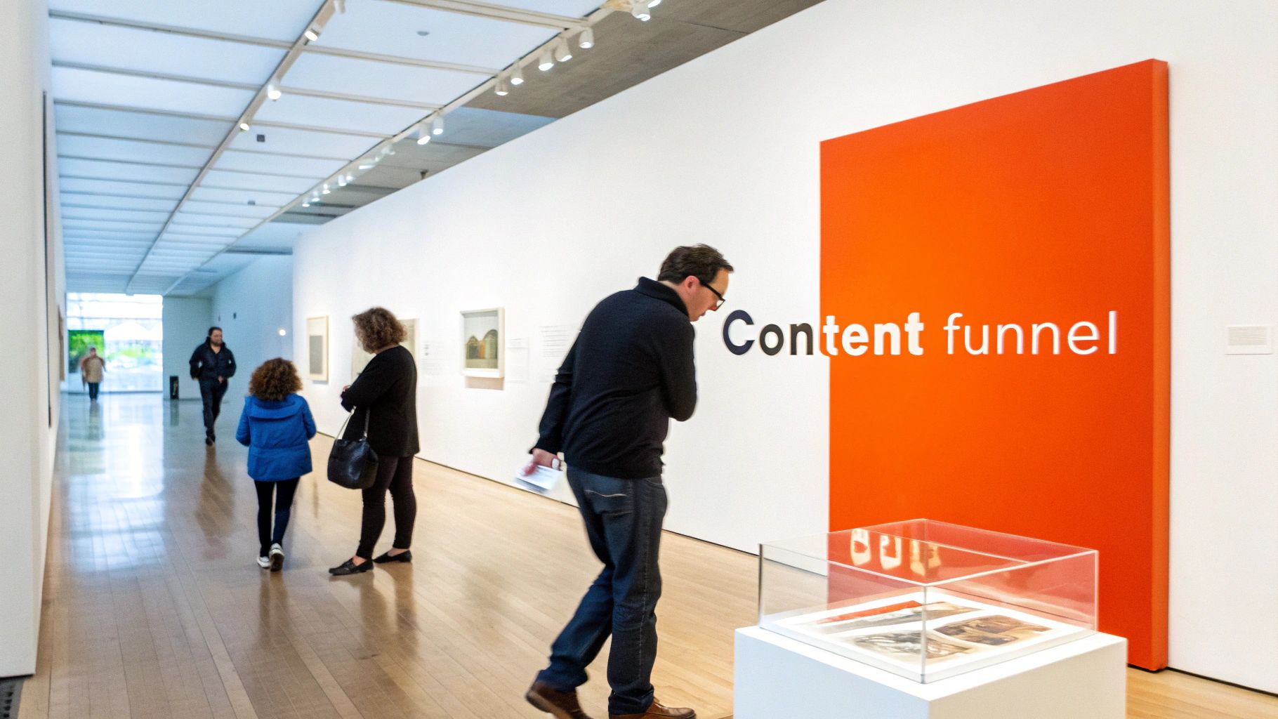 Visitors explore a modern art gallery with a prominent orange "Content funnel" sign and display cases.