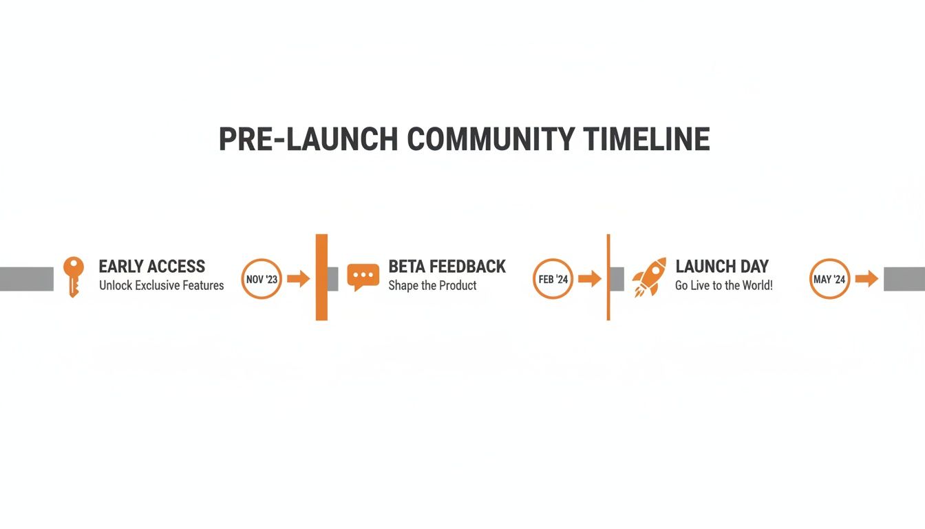 A pre-launch community timeline detailing early access in November '23, beta feedback in February '24, and launch day in May '24.