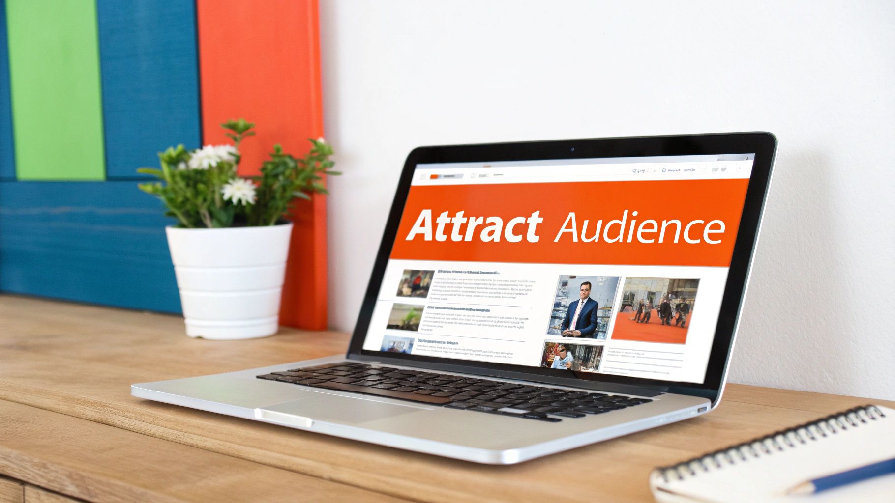 Laptop on a wooden desk displaying "Attract Audience" on screen, with a plant and notebook.