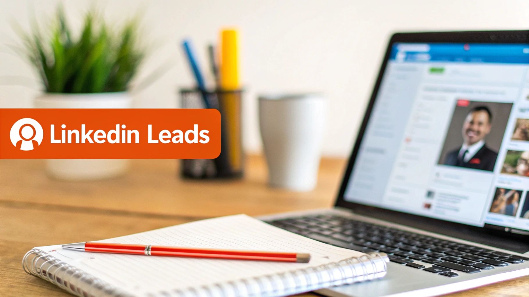 A desk with a laptop showing a LinkedIn profile, a notebook, and an orange 'LinkedIn Leads' banner.