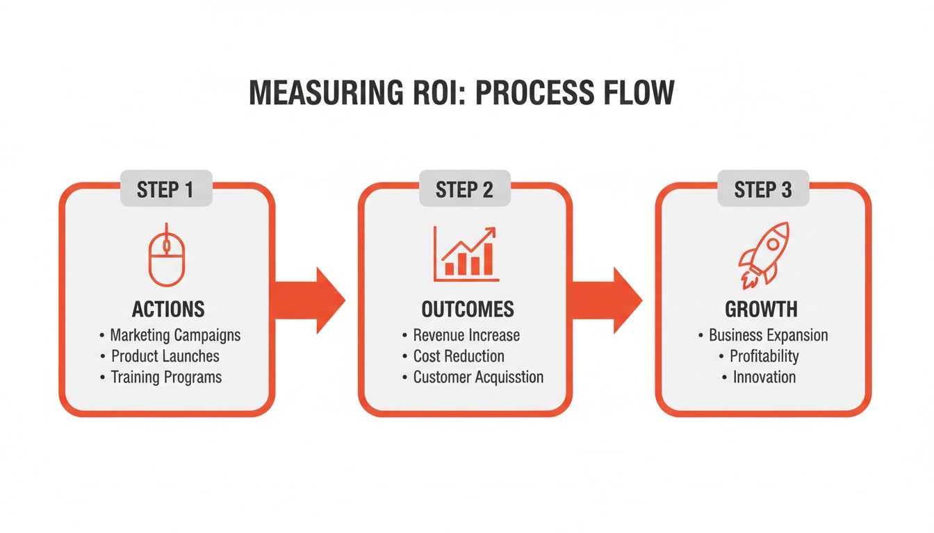 A three-step process flow diagram illustrating how to measure ROI with actions, outcomes, and growth.