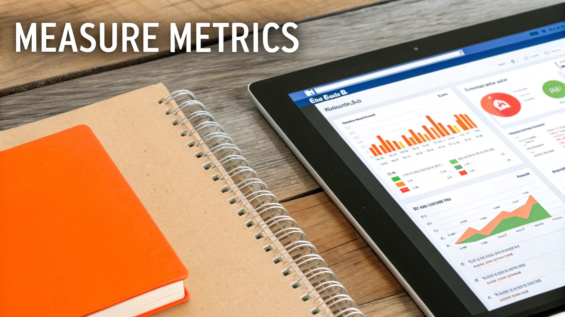 A tablet displaying business performance metrics with charts and graphs, next to notebooks on a wooden table.