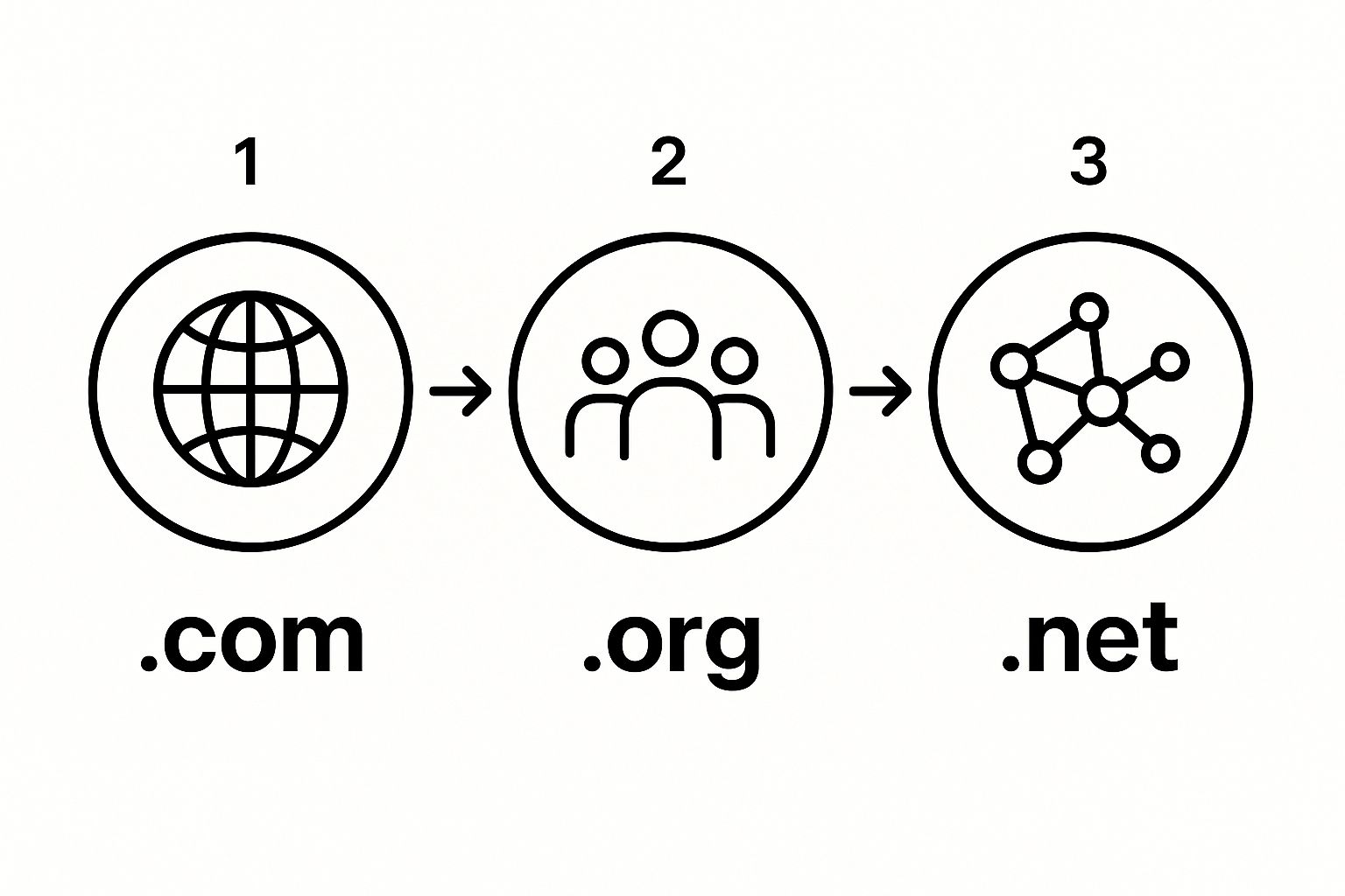 Infographic of three domain extension badges: .com with a globe icon, .org with a community icon, and .net with a network icon.