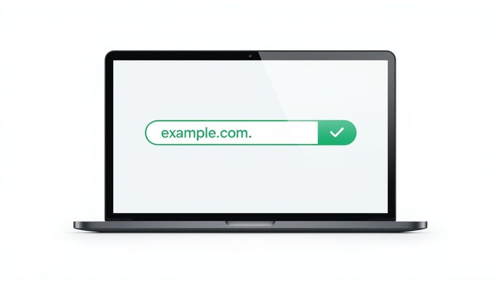 A digital illustration showing various domain extensions like .com, .co.uk, and .scot floating around a central globe icon.