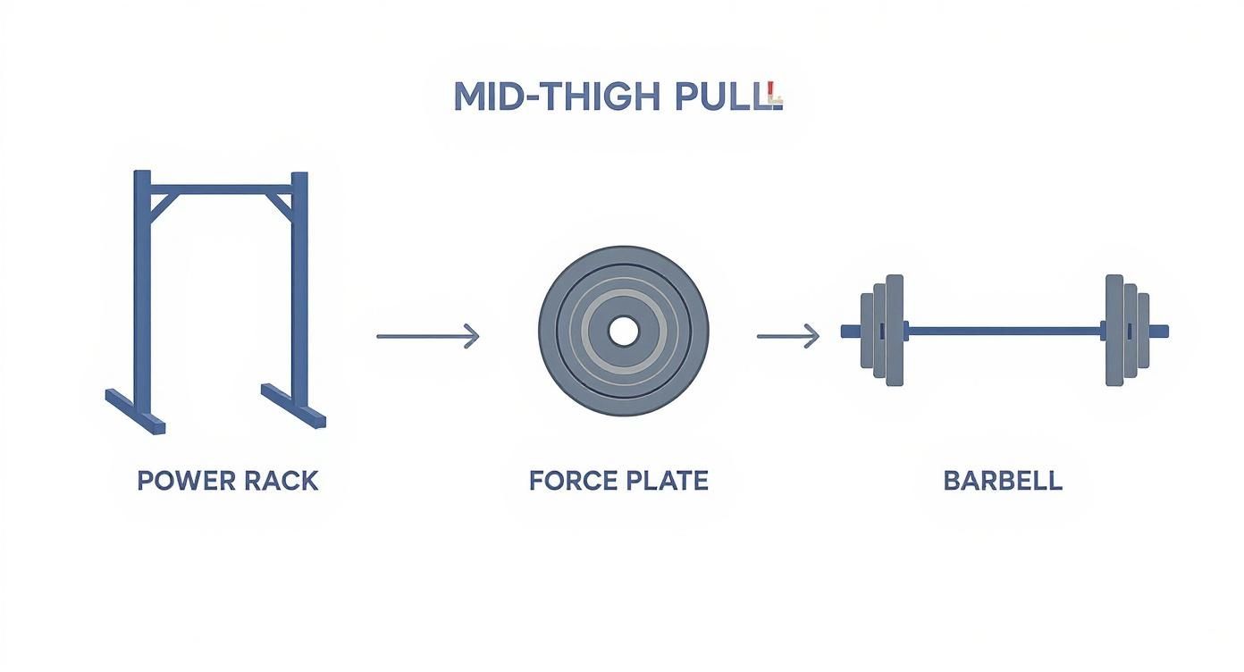 Equipment for mid-thigh pull exercise including a power rack, a force plate, and a loaded barbell.
