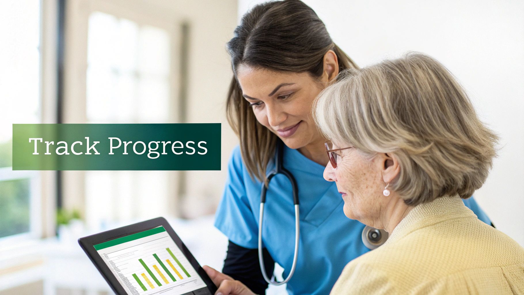 A smiling healthcare professional and an elderly patient review health progress on a tablet.