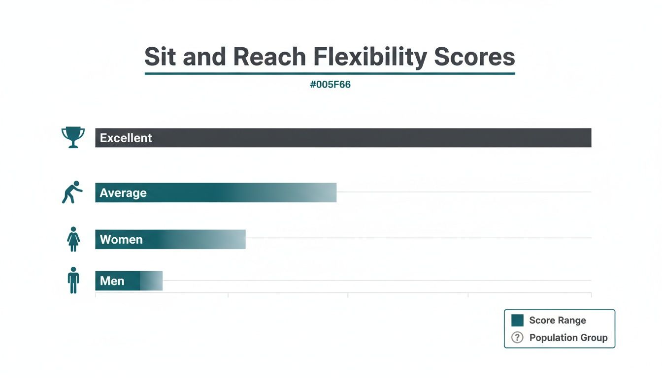 Bar chart displaying sit and reach flexibility scores for excellent, average, women, and men.
