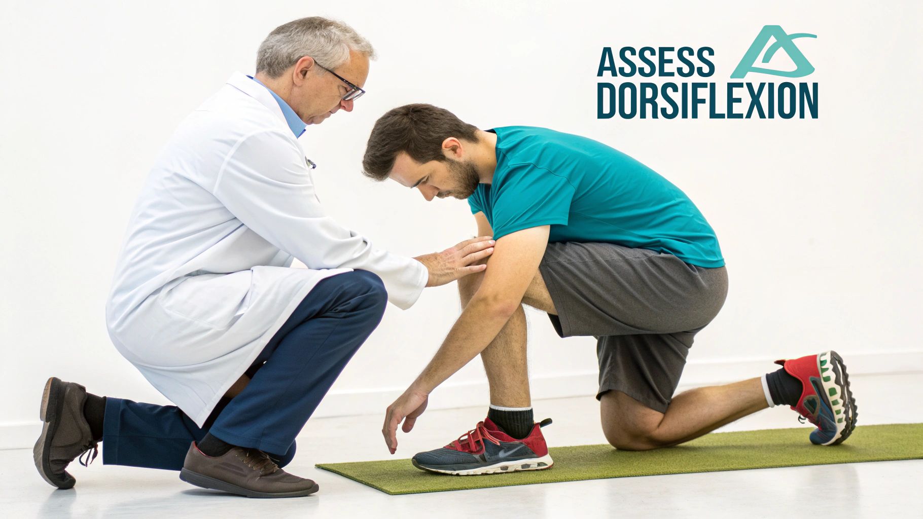 A doctor assesses a male patient's ankle dorsiflexion while he kneels on a green mat.