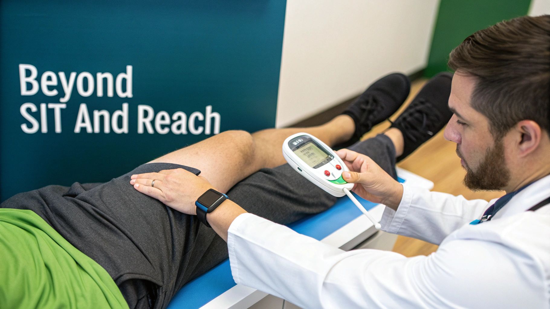 A healthcare professional uses a medical device to examine a person's leg and hip, with text 'Beyond SIT And Reach' in the background.