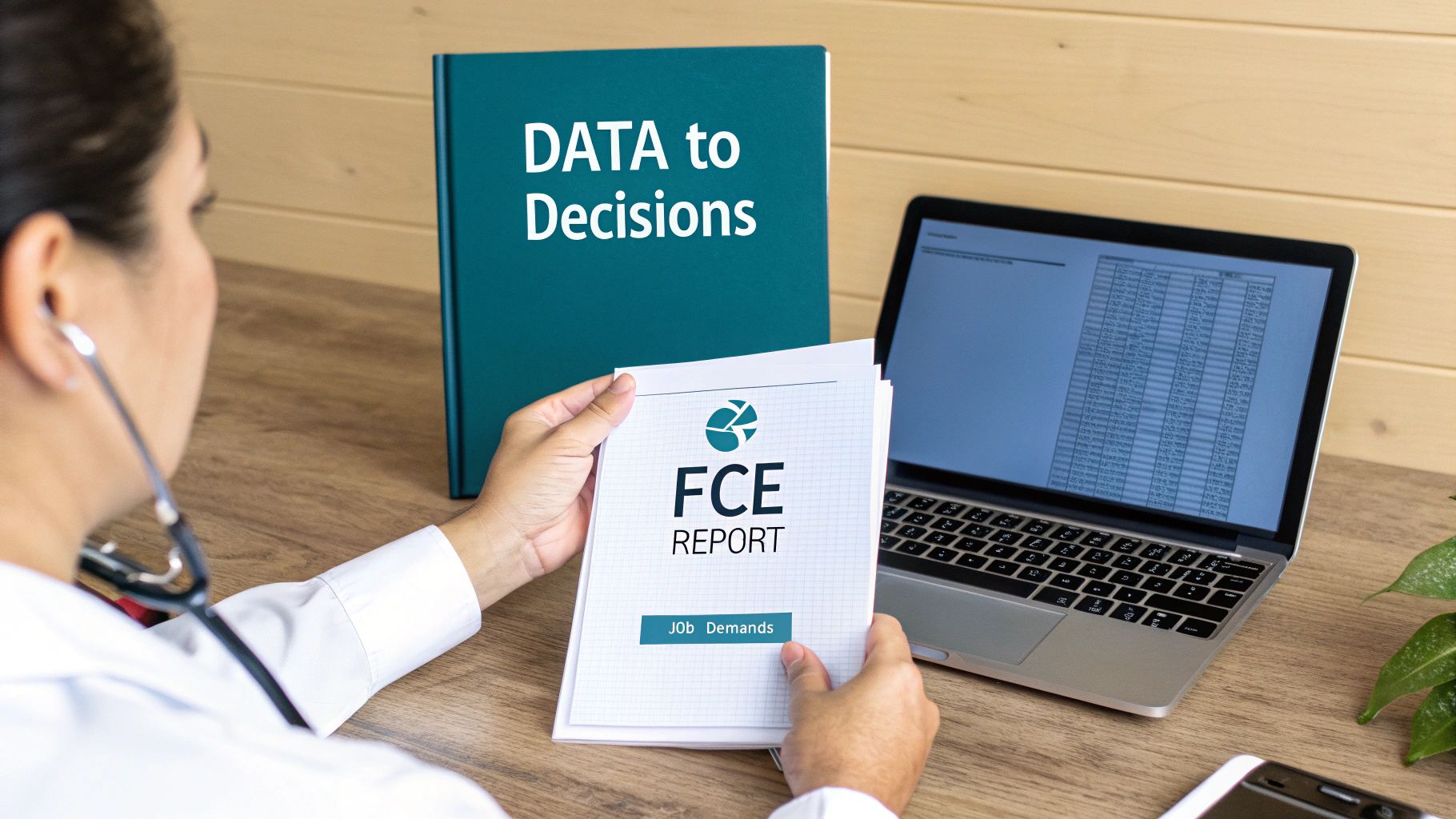 A professional therapist discussing results on a clipboard with a patient in a clinical setting.