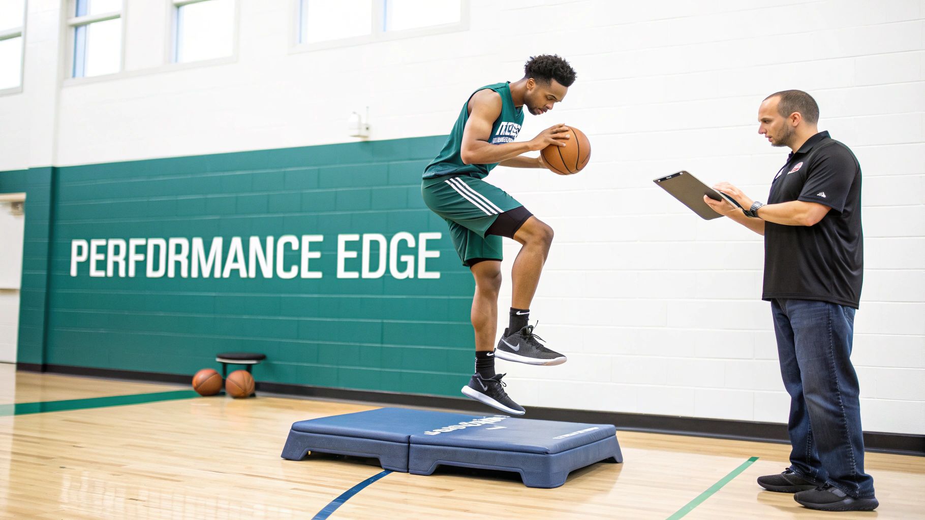 Athlete performing a vertical jump on a force platform to analyze performance data.