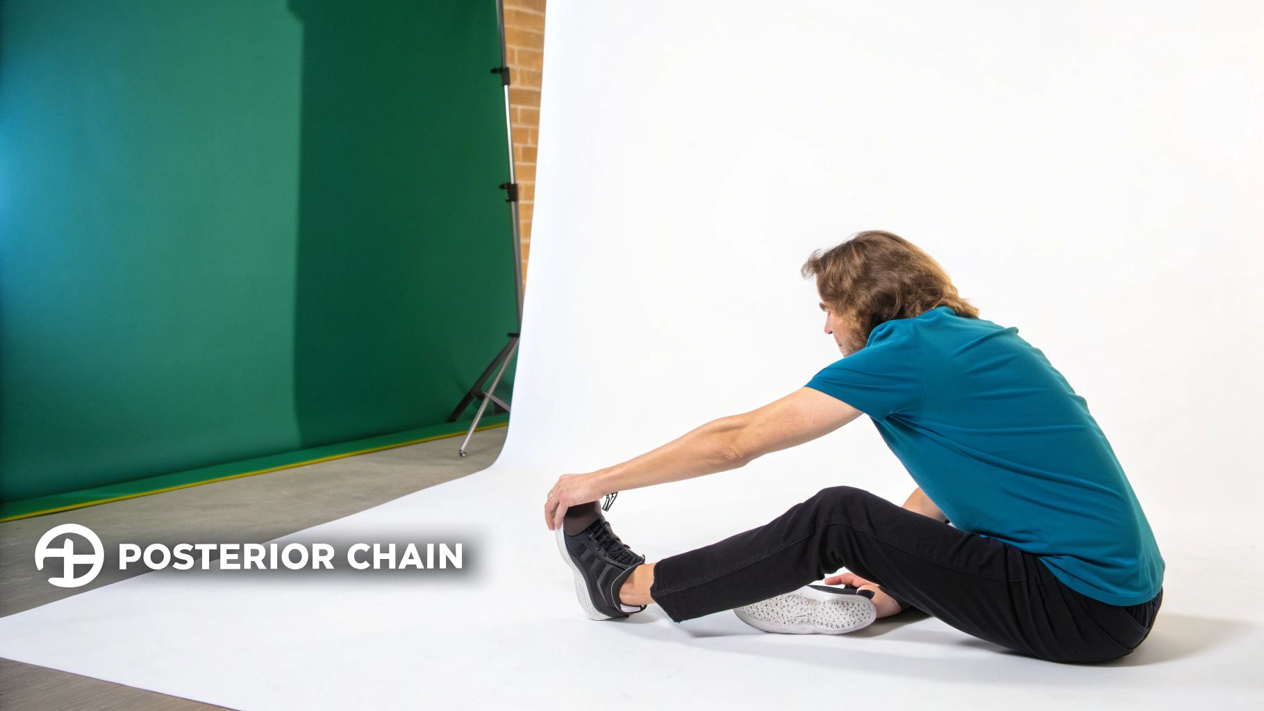A person with long hair sits on the floor, stretching forward to touch their foot, performing a sit and reach test.